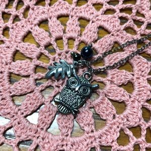 Boho Owl Necklace with leaf accent charm